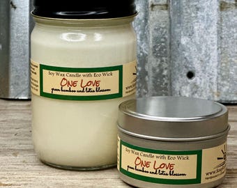 ONE LOVE / Hand Poured Soy Candle in Mason Jar / Homemade Candles