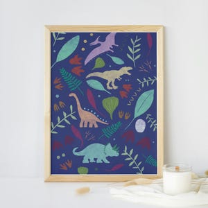 Ilustración de habitación infantil de dinosaurios / Póster A4 / Dormitorio infantil de bebé niño / Azul marino / Habitación de niño / Habitación de niña / Ilustración de dormitorio infantil / Bebé recién nacido