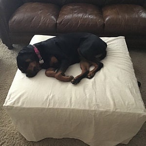 Pu&ograve; includere: Un cane nero e marrone sta dormendo su un pouf bianco.