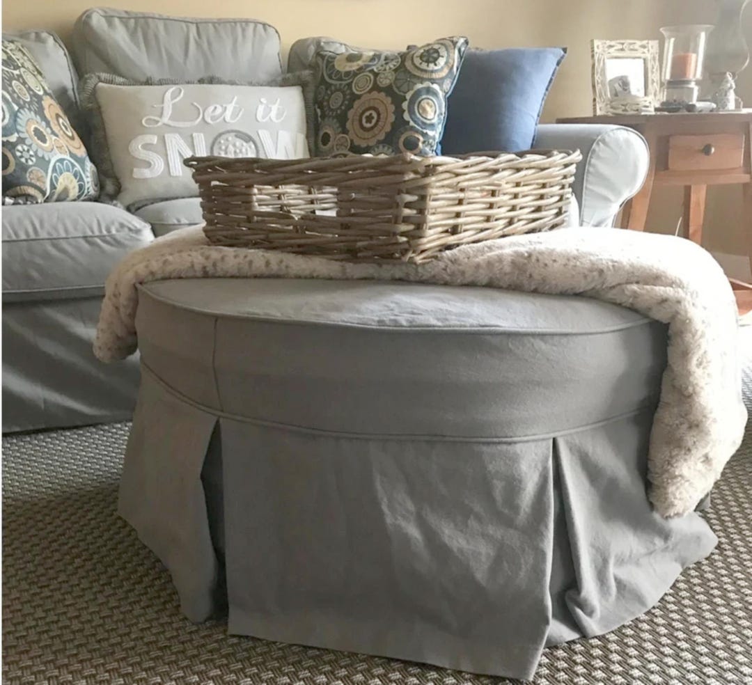 Round Ottoman Slipcover With Welt Cord and Pleats, Custom Round Ottoman ...