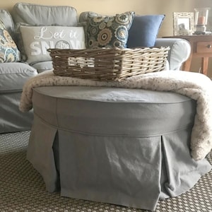 Round Ottoman Slipcover with Welt Cord and Pleats, Custom Round Ottoman Cover, Washable Slipcover