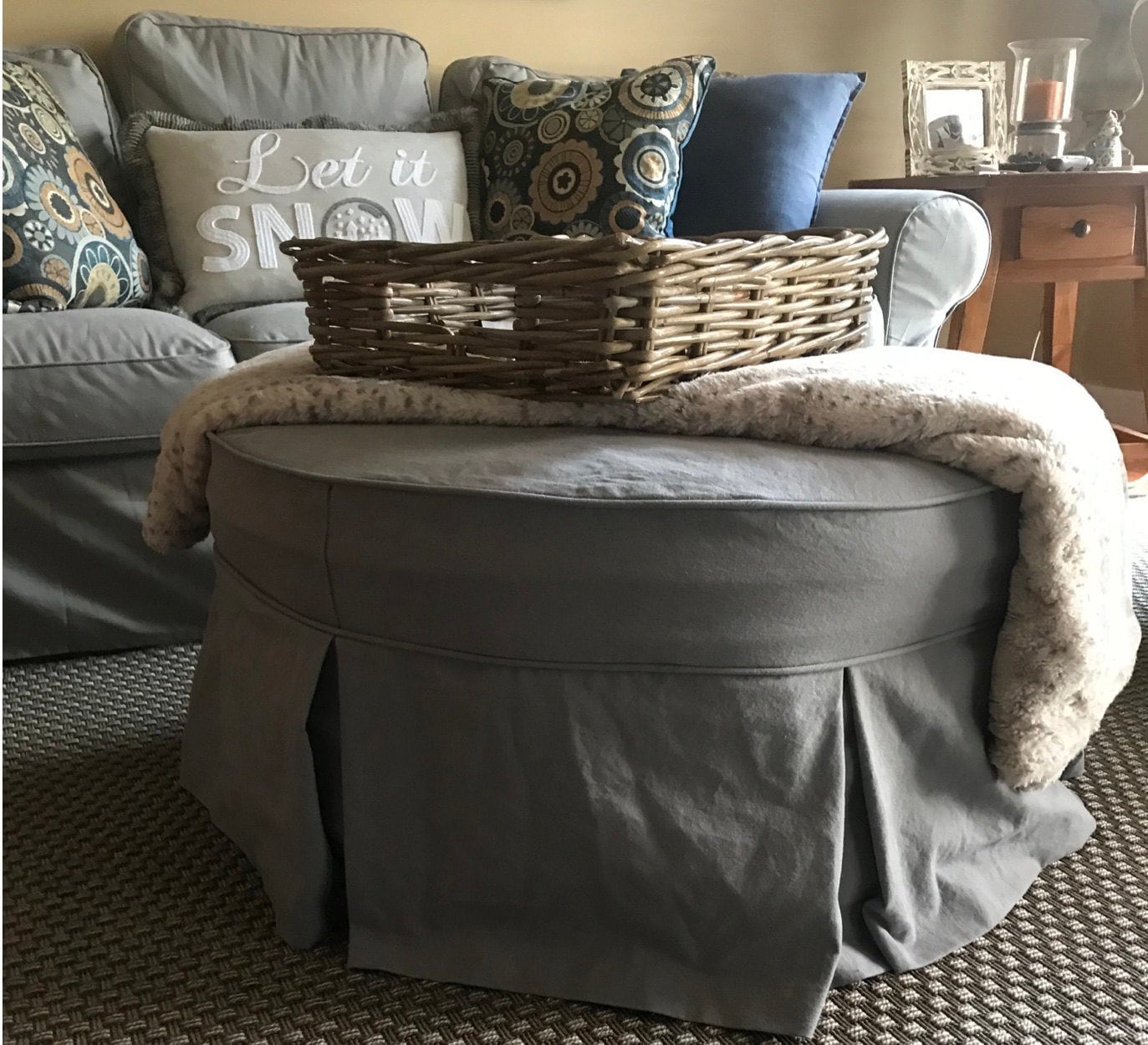 Round Ottoman Slipcover With Welt Cord, Round Ottoman Slipcover