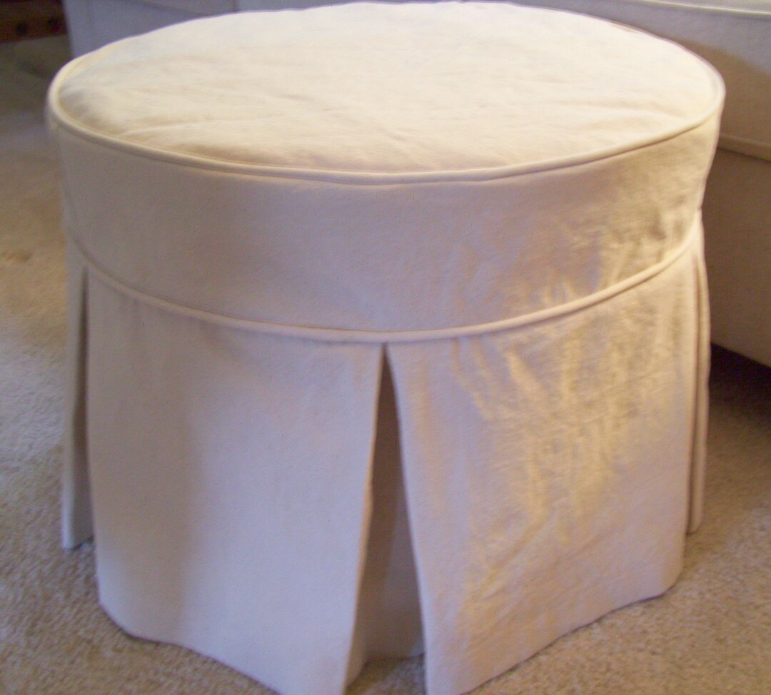 Round Ottoman Slipcover With Welt Cord and Pleats, Round Ottoman Cover ...