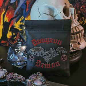 Leather Dice Bag [ Dungeons and Dragons D&D Pouch Black Red Bat D20 Game Pieces Case Pentagram Gothic Kiss-Lock Coin Purse Metal Hinges ]