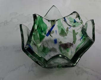 Vintage konstglasskål, grönblå konfettiskål, handblåst 50-talsmodern samling