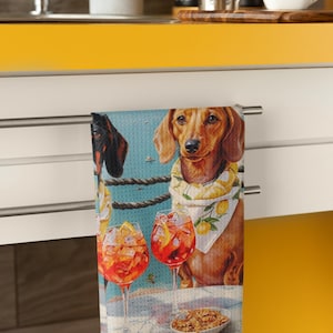 Dachshund Mediterranean Art Tea Towels design, Amalfi Coast Kitchen Decor, Cotton Towel, Dog Lover Gift, Home Accessories, Hostess Gift,
