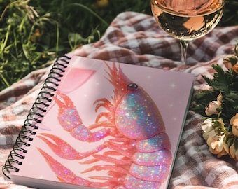 Cuaderno espiral de camarones brillantes y relucientes: papelería divertida para amantes de la playa, regalo para amantes de la gastronomía, diario bonito, planificación de fiestas, notas de manualidades