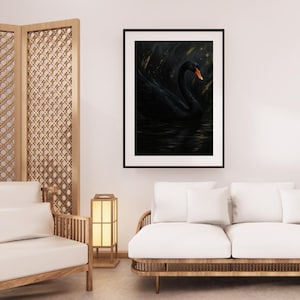 Modern Black Swan Art Print, Gothic Black Swan, Moody Aesthetic Room Decor, digital art for black swan lovers