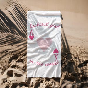 Lucky Girl Beach Towel, Vibrant Summer Towel, Gift for Girlfriend, Poolside Towel, Beach Decor, Ace of Heart Design Towel, Manifestation