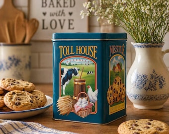 Lata de galletas Nestlé Toll House vintage – Edición limitada, bote de cocina color verde azulado / Caja de almacenamiento estilo granja retro / Decoración para hornear 6x4.5”