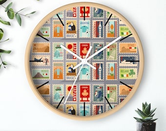 Reloj de pared con sellos de viaje: reloj retro vintage con monumentos internacionales, regalo para entusiastas de los viajes, coleccionistas y mujeres viajeras.