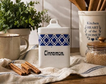Vintage German Porcelain Cinnamon Canister – Blue White Kitchen Spice Jar – Made in Germany – Farmhouse Pantry Storage – Retro Kitchen Decor