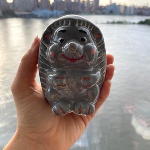 Grey Smiling Ceramic Hedgehog Figurine – Handcrafted by Andres – Cute Collectible Decor