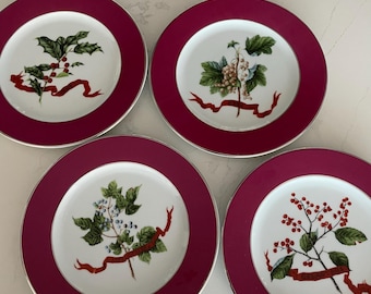 Platos botánicos Williams Sonoma / Juego de 4 / Hechos en Portugal / Platos de postre con borde burdeos / Vajilla elegante para servir al público