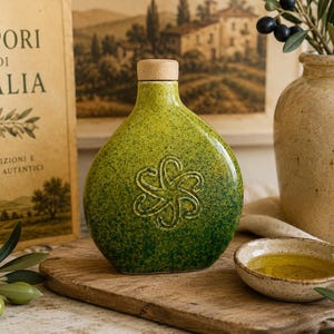 Puede incluir: Una botella de aceite de cerámica redonda con un esmalte verde moteado y un tapón de madera clara. La parte frontal de la botella presenta un diseño floral en relieve de seis pétalos en espiral. La botella tiene una forma redondeada y cuello estrecho.