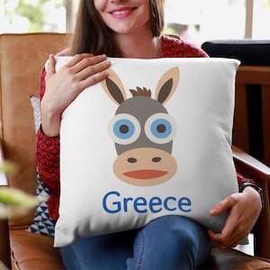 Cojín cuadrado de burro de Grecia, adorable decoración de animales, regalo divertido, para amantes de los burros, decoración para el hogar, recuerdo de viaje, cojín divertido. Me encanta Grecia.