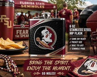Petaca de acero inoxidable de 177 ml (6 oz) de los Florida State Seminoles / Petaca de cadera FSU / Regalo para aficionados al fútbol americano universitario / Artículos de bar para fiestas previas al partido / Regalo para aficionados al deporte
