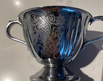 Antique-Style Ornate Silverplate Creamer | Etched Floral Shield Motif | Elegant Vintage Table Accent | Brand Unknown