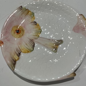 Vintage Pair of  Hand Painted Italian Ceramic  Pottery Fish Plate Whimsical Design Italy 1950-60s