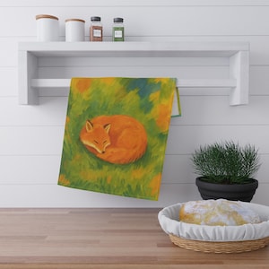 Fox Lover Tea Towels, Sleeping Fox in Pastel Forest, Nature Inspired Kitchen Decor, Cotton/Poly, Cute Animal Dish Towel, Rustic Home Gift