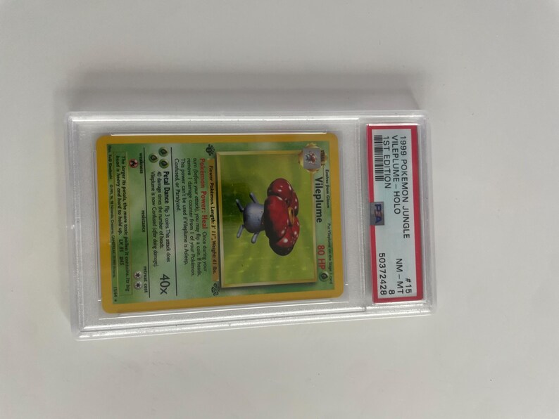 Puede incluir: Una carta de Pok&eacute;mon calificada con Vileplume del set Jungle de 1999. La carta est&aacute; dentro de un soporte protector transparente y est&aacute; calificada NM-MT 8. La ilustraci&oacute;n de la carta representa una criatura con forma de hongo rojo y morado.