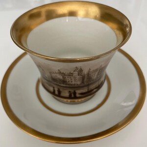 Antique KPM Berlin Porcelain Cup & Saucer Hand Painted Harbor