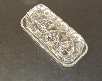 Vintage glass lidded butter dish with diamond cut pattern