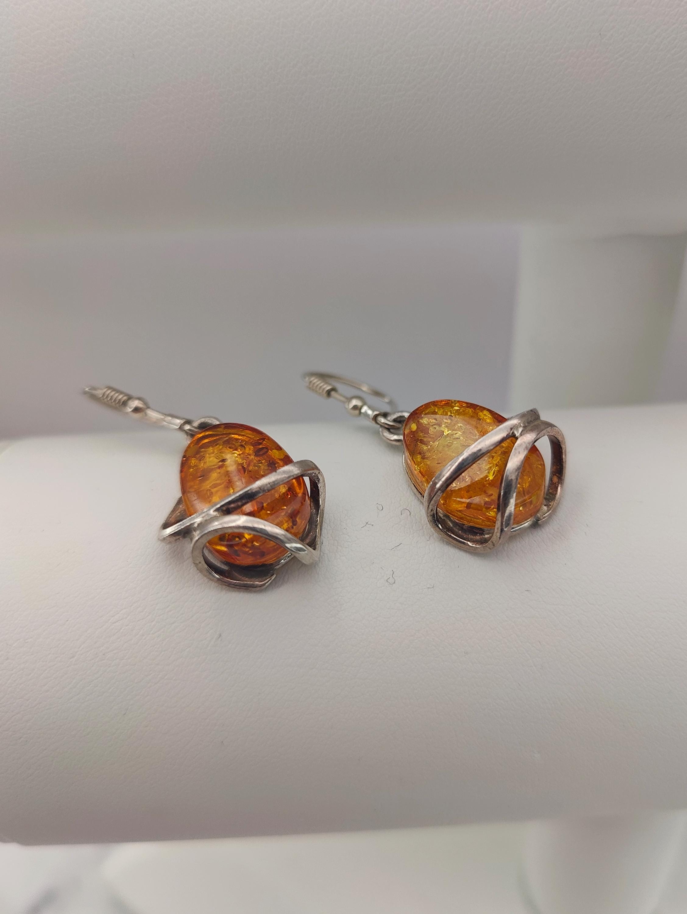 Boucles D'oreilles Vintage Soviétiques En Ambre Baltique - Bijou Ancien Estampillé, Occasion