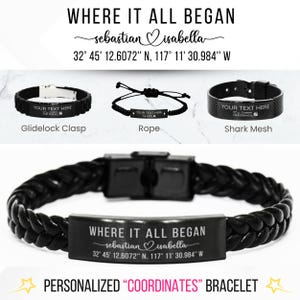 May include: Black leather bracelet with a silver clasp and a rectangular tag engraved with the text "WHERE IT ALL BEGAN sebastian isabella 32° 45' 12.6072" N, 117° 11' 30.984" W". The bracelet is shown against a white background with the text "PERSONALIZED "COORDINATES" BRACELET" below it.