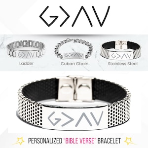 May include: Three silver bracelets with a black leather band, a silver Cuban chain, and a silver ladder chain. Each bracelet features a silver plate with the inscription "G>AV". The bracelets are displayed on a white background with the text "PERSONALIZED "BIBLE VERSE" BRACELET" below.