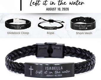 Könnte beinhalten: Schwarzes personalisiertes Armband mit dem Text "ISABELLA left it in the water AUGUST 10, 2026". Das Bild zeigt auch Armbandstile mit Glidelock-Verschluss, Seil und Shark Mesh. Der Text "PERSONALIZED BLACK BRACELET" ist ebenfalls sichtbar.