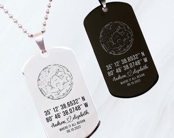 Personalized GPS Coordinates Dog Tag Necklace: Custom Anniversary Jewelry, Engraved Location Gift