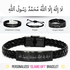 May include: Black leather bracelet with a silver plaque engraved with the Islamic phrase "La ilaha illa Allah Muhammadur Rasulullah" which translates to "There is no god but Allah, Muhammad is the messenger of Allah".