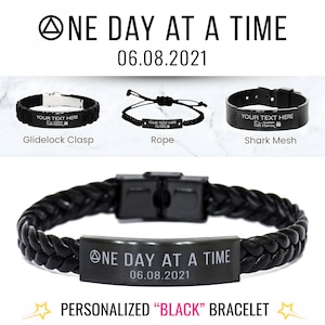 One Day at a Time Engraved Sobriety Date Bracelet: Personalized Recovery necklace for men