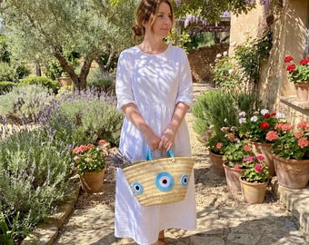 Lucky Eye Basket, Nazar Straw Bag, Blue Boho Tote Bag, Handmade Moroccan Basket, Women's Summer Bag, Original Gift