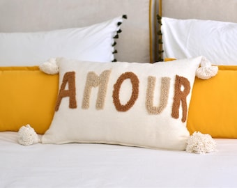 Love wool cushion, Handmade cushion, Cushion with pompoms, Personalized cushion, Sofa cushion, Embroidered cushion, Mother&#39;s Day gift