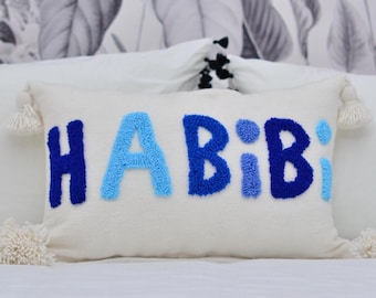 HABIBI handmade wool cushion with pompoms - Personalized cushion - Embroidered cushion for a Boho style on sofa and bed
