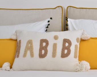 HABIBI Cushion, Personalized Cushion, Boho Cushion, Handmade Sofa Cushion, Living Room Cushion, Bed Cushion, Pompom Cushion