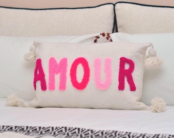 LOVE cushion, Personalized cushion, Handmade cushion, Cushion with pompoms, Sofa cushion, Embroidered cushion, Wool cushion, Bed cushion