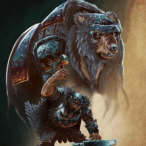 May include: Digital illustration of a bear and a blacksmith. The bear is armored and wears a helmet. The blacksmith, also armored, is hammering metal on an anvil. The artwork has a fantasy theme with a detailed, textured style.