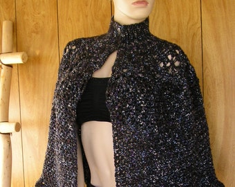 Twilight Victorian cape, hand crochet in black twilight yarn, 14" around at neck, 24" long and 64" arount at bottom edge, one size fits most