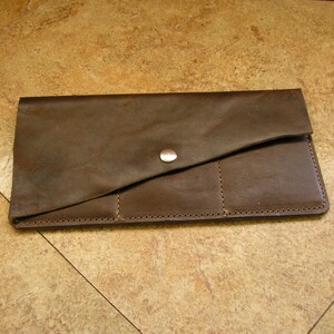 Mature Brown leather wallet, oil tan distressed pull-up leather, 7 3/8&quot; x 4&quot;, flap with snap, slots for 3 credit cards, 1 cash pocket
