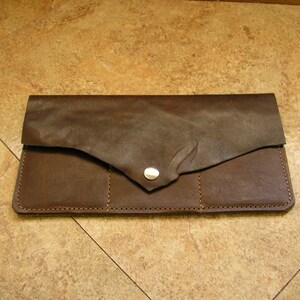 Mature Brown leather wallet, oil tan distressed pull-up leather, 7 3/8&quot; x 4&quot;, flap with snap, slots for 3 credit cards, 1 cash pocket