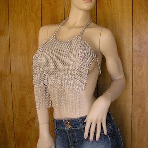 Mature Chainmail breastplate, halter top,with chain fringe 4 in 1 chainmail front with open back, weave straps, one size