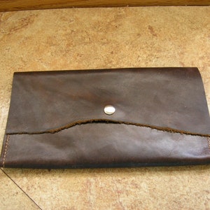 Mature Brown leather wallet, oil tan distressed pull-up leather, 7 3/8&quot; x 4&quot;, flap with snap, slots for 6 credit cards, two cash pockets