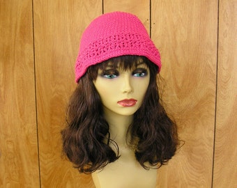 Crochet hat, Pink cotton yarn,  will fit most, 24" around does not stretch 7" from crown to edge