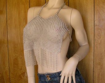 Chainmail breastplate, halter top,with chain fringe 4 in 1 chainmail front with open back, full-persian weave straps, one size fits most