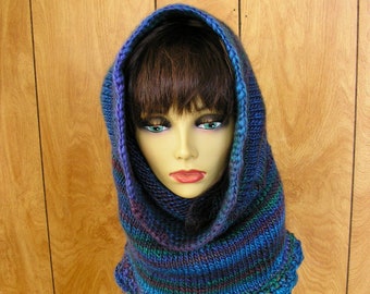 Knit hooded cowl, cowl, infinity scarf,  hood, pixie hood, hand knit in blended shades, it is 24" around and 28" long