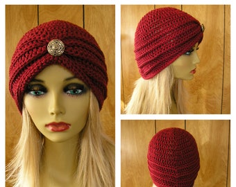 Crochet cotton turban hat, cranberry cotton yarn with a vintage metal button, wil fit most 23" around