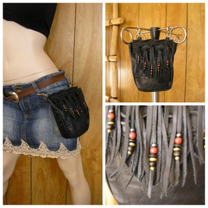 Black Leather Fringe Belt Bag - Shi Pocket Belts - One of a